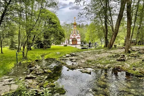 Машина на дороге в Подмосковье, вид на лес