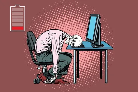 Иллюстрация выгорания на работе: обессиленный сотрудник за компьютером и значок разряженной батареи